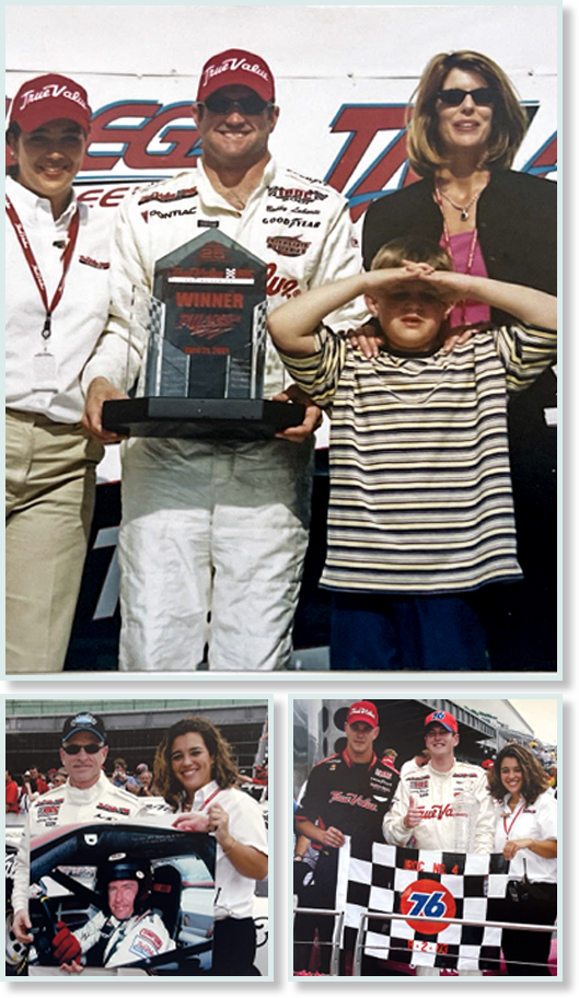 Renee Gray, Motorsports Manager at True Value, in the winner’s circle with NASCAR drivers Bobby Labonte and Mark Martin, highlighting her role in managing True Value’s NASCAR sponsorship and the International Race of Champions (IROC), showcasing her deep connection to the hardware and racing industries.