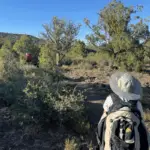 Young boy wearing a large backpack and wide-brim cooling hat, walking on a desert trail under a bright blue sky, with another hiker in the distance.