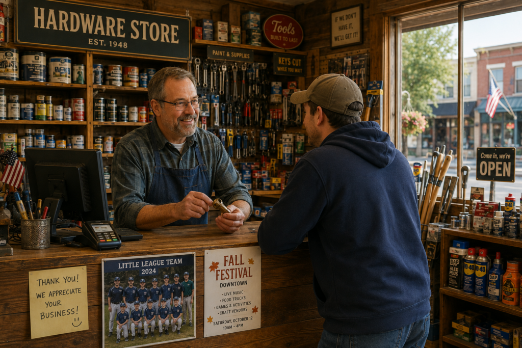 Local hardware store owner serving customers in the community