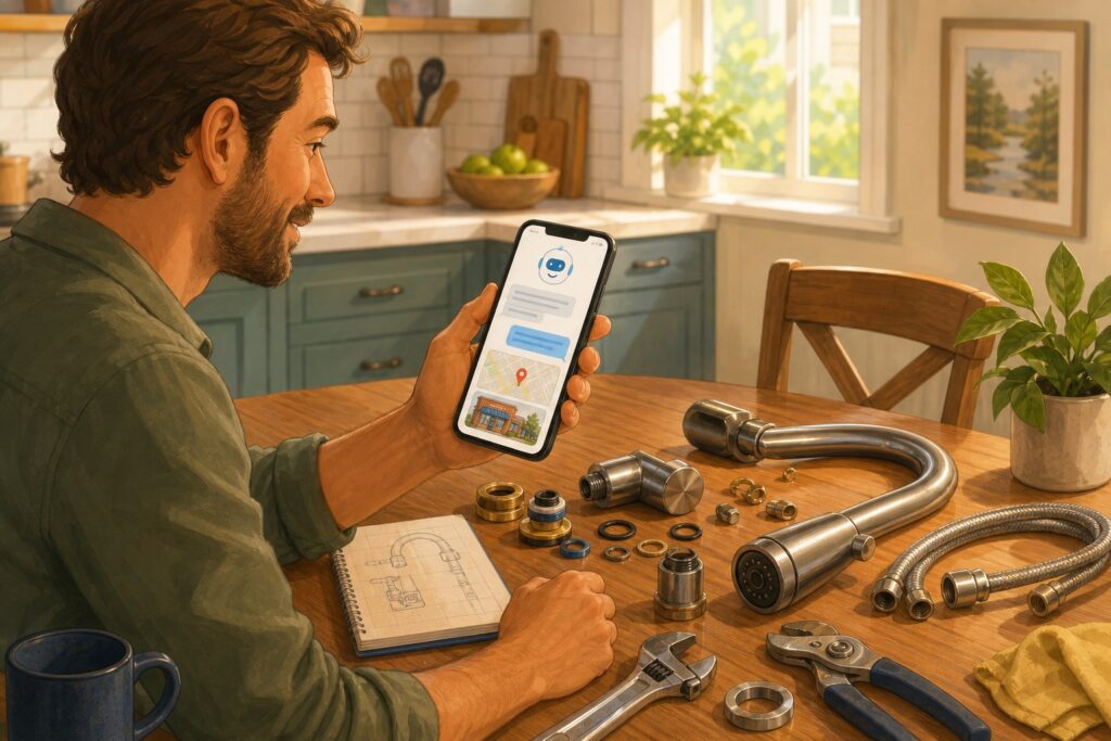 Customer asking an AI assistant on a phone for a local hardware store recommendation