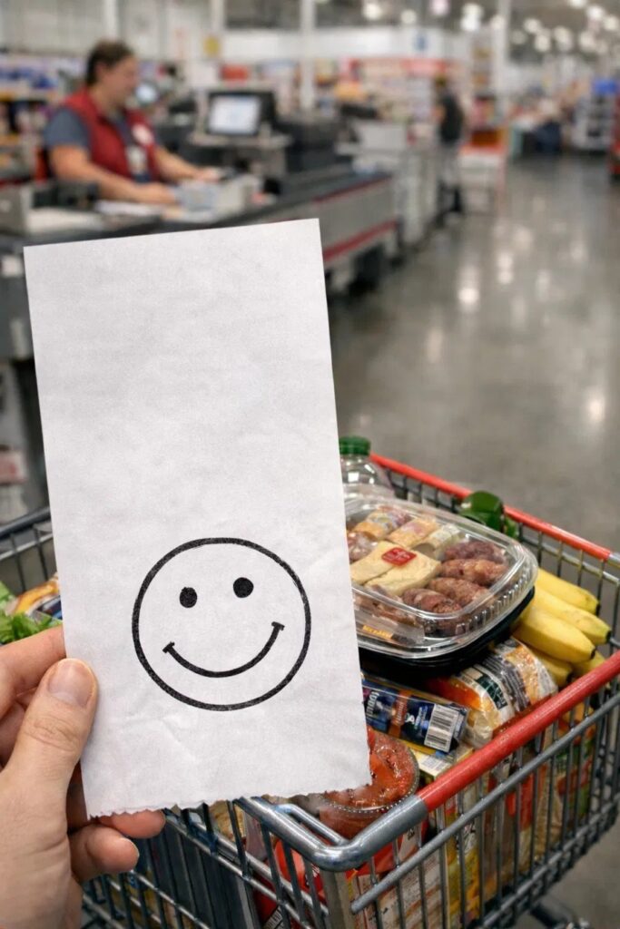 Hand holding a receipt with a hand-drawn smiley face in front of a full shopping cart