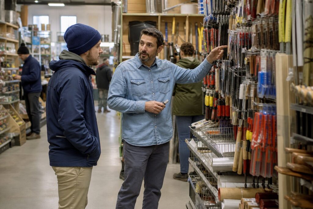 Busy hardware store aisle with an employee helping a customer