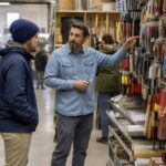 Busy hardware store aisle with an employee helping a customer