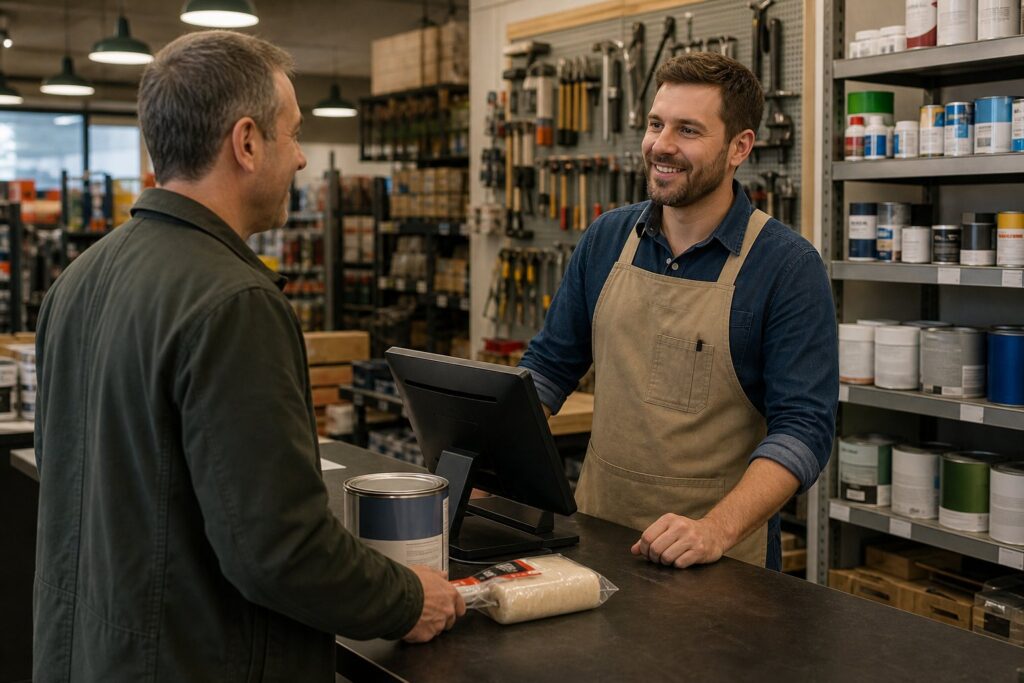 Customer completing a simple transaction at a local hardware store register