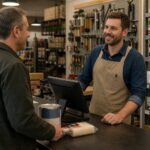 Customer completing a simple transaction at a local hardware store register
