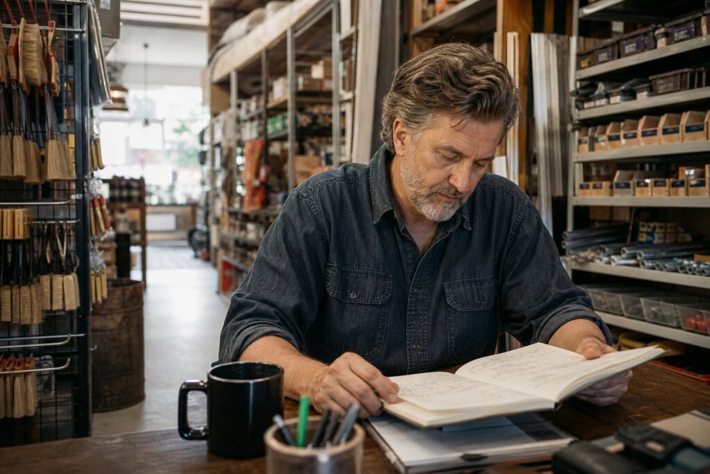 Hardware store owner reviewing marketing notes at the counter