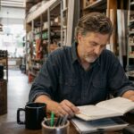 Hardware store owner reviewing marketing notes at the counter