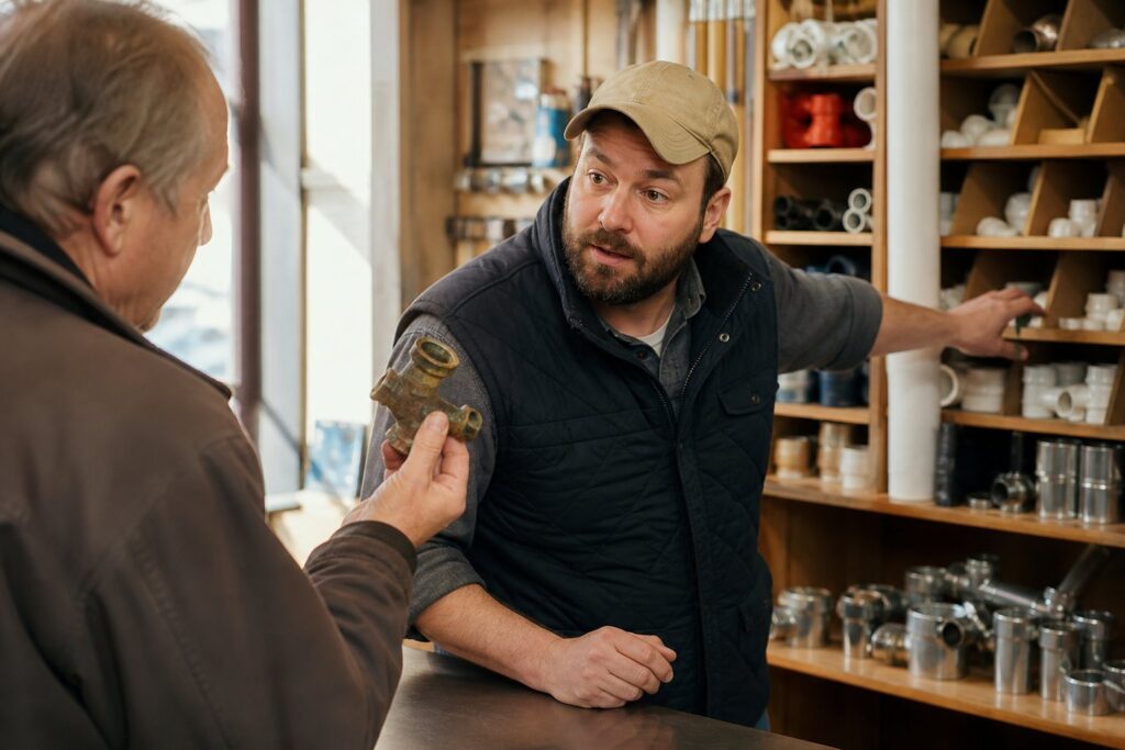 Customer and employee talking across the counter at an independent hardware store