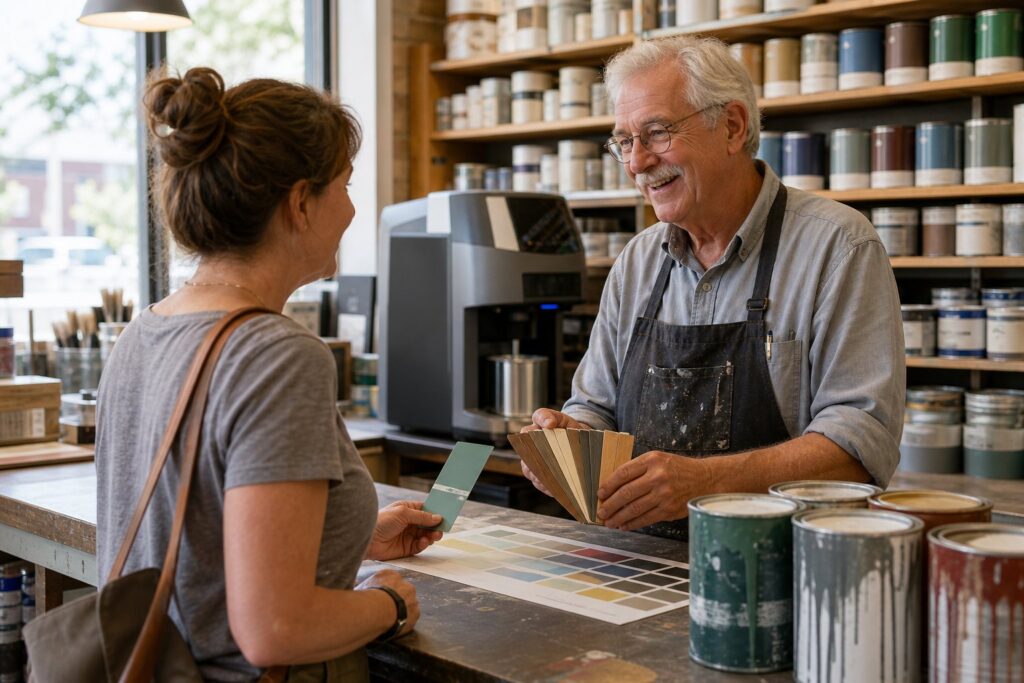 Experienced hardware store employee helping a customer at the paint counter, warm and candid