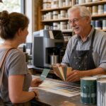 Experienced hardware store employee helping a customer at the paint counter, warm and candid
