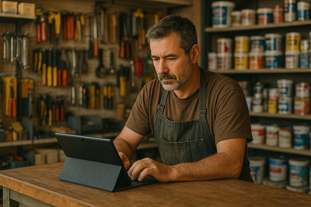 Hardware store owner using AI tools at the service counter
