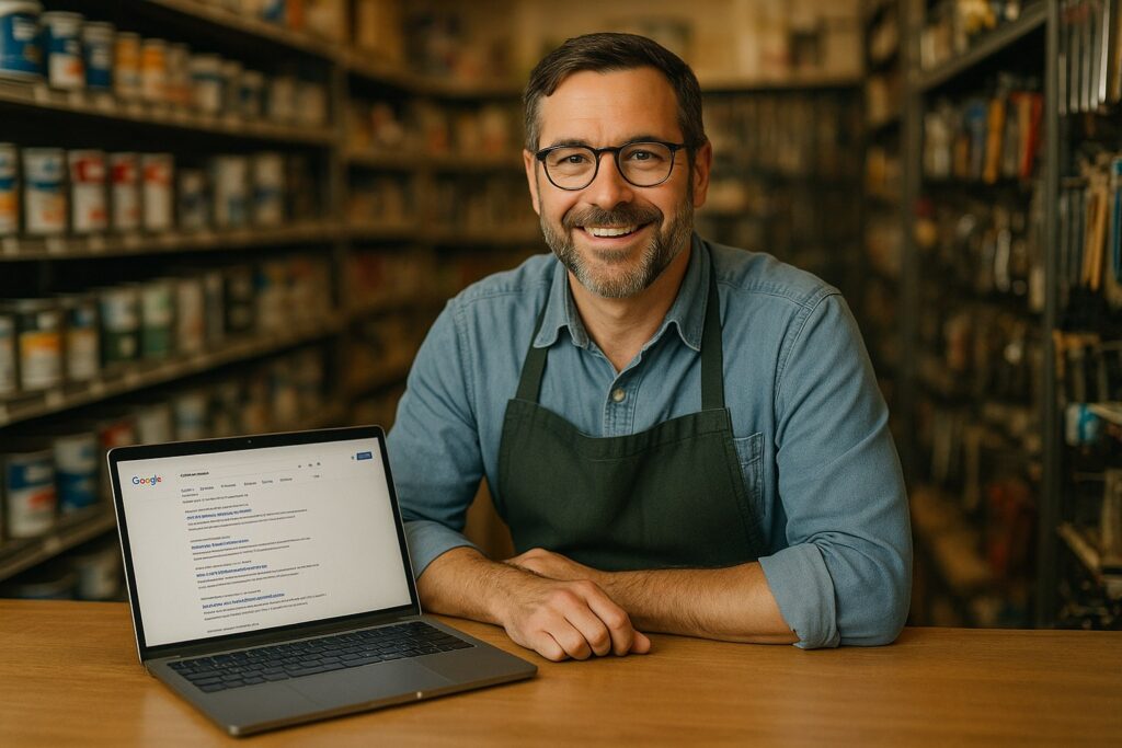 Hardware store owner comparing AI and local search on a laptop